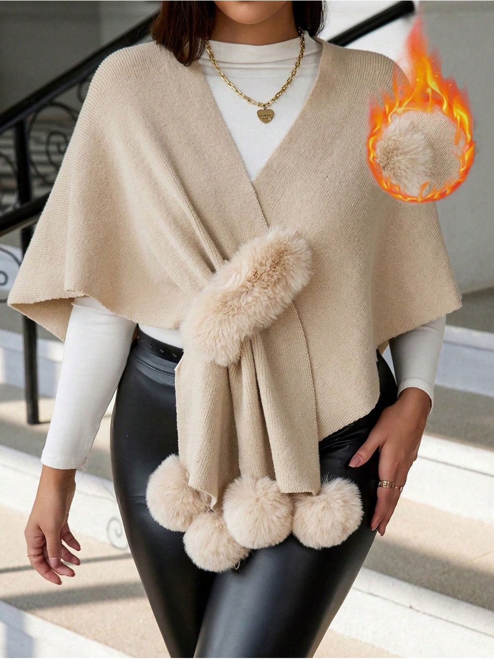 Beige Faux-Fur Pom Pon Knit Wrap Sweater